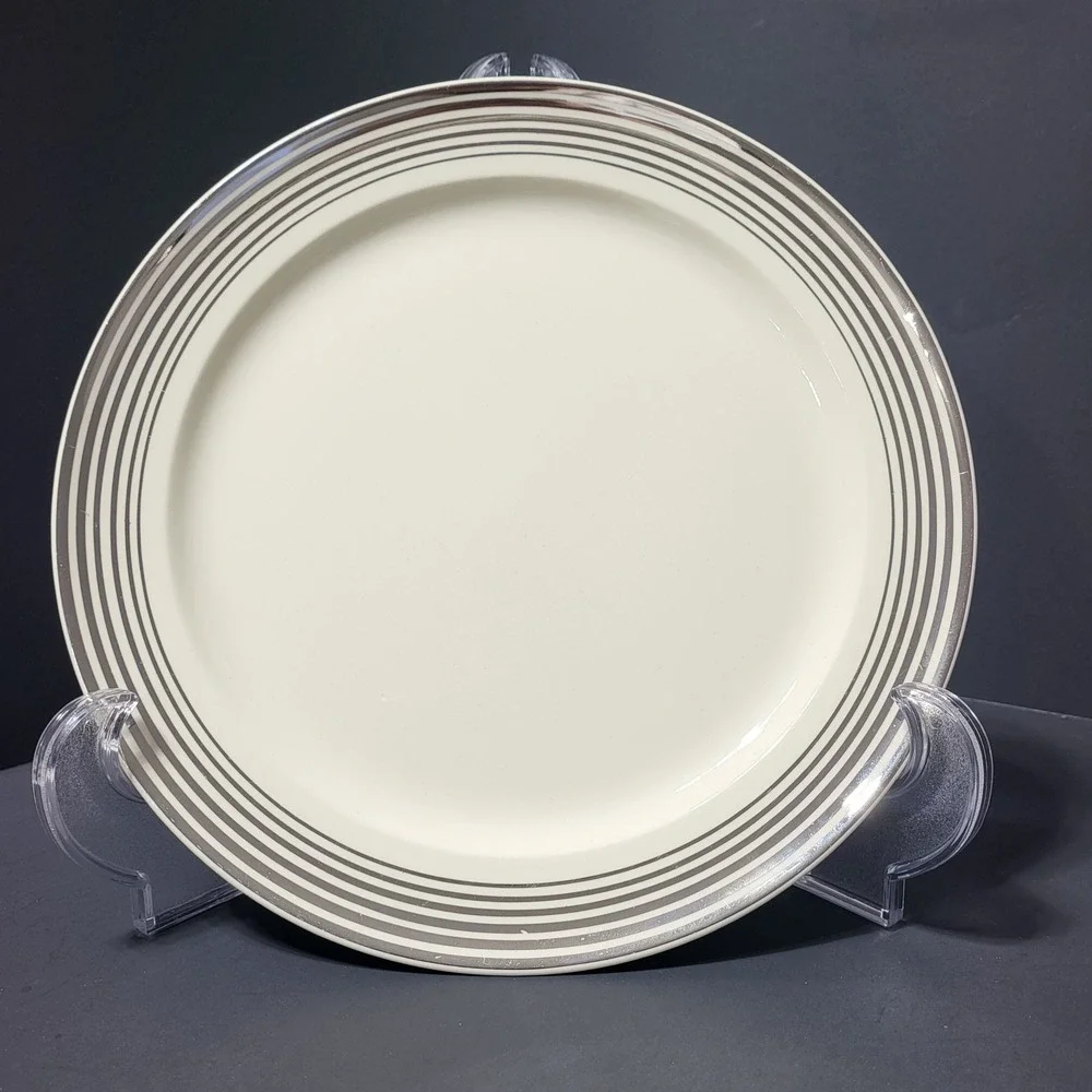 VTG‎ Taylor Smith Taylor USA Dinner Plate Cream Silver Platinum Striped Rim 10
